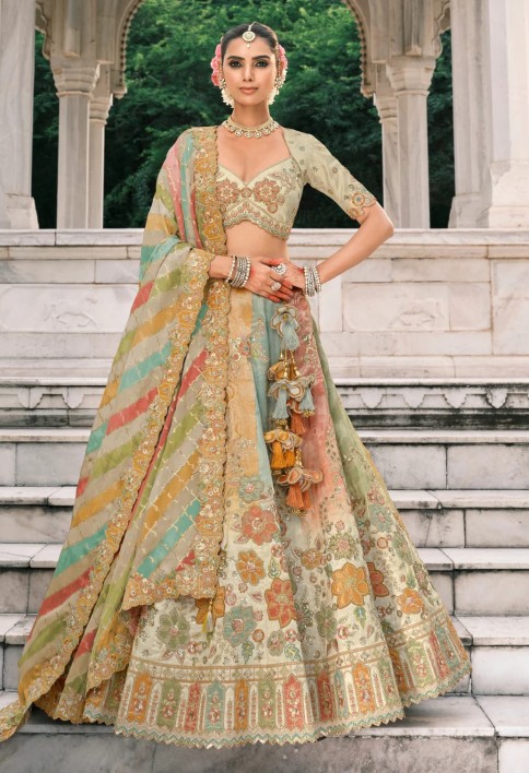 Pastel Pink Fancy Silk Lehenga Choli With Cut Work Embroidery Border & Stone Work